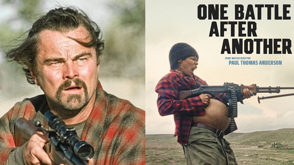 „One Battle After Another“-Filmplakate: Links Leonardo DiCaprio als Bob im Bademantel mit Gewehr, links Teyana Taylor als Perfidia, hochschwanger mit Maschinengewehr