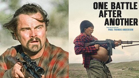 „One Battle After Another“-Filmplakate: Links Leonardo DiCaprio als Bob im Bademantel mit Gewehr, links Teyana Taylor als Perfidia, hochschwanger mit Maschinengewehr - Foto: Warner Bros. Germany/Filmstarts