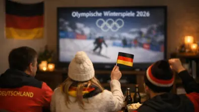 deutsche Wintersport-Fans schauen auf Fernseher mit unscharfem Bild - Foto: TV Movie / ChatGPT