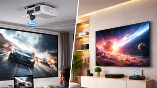 Auf dem Bild ist links ein Deckenbeamer zu sehen, der kabellos vom Laptop mit Signal über einen Transmitter angesteuert wird, rechts ein wandmontierter Fernseher mit unsichtbarer Wireless-HDMI-Verbindung ohne störende Kabel. - Foto: TVM/ChatGPT