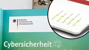 Bildmontage eine WLAN-Routers und dem Bundesamt für Sicherheit in der Informationstechnik - Foto: IMAGO/Bihlmayerfotografie (TVM-Montage)