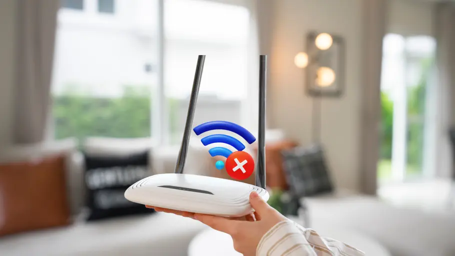 WLAN Probleme und Lösungen Frauenhand hält Router mit WLAN-Symbol vor Wohnzimmmer