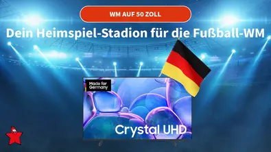 Samsung-TV vor einem Stadion-Hintergrund mit dem Schriftzug Dein Heimspiel-Stadion für die Fußball-WM - Foto: TVM Samsung-TV vor einem Stadion-Hintergrund mit dem Schriftzug Dein Heimspiel-Stadion für die Fußball-WM - Foto: TVM