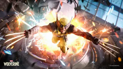 Wolverine springt aus einem explodierenden Roboter mit ausgefahrenen Klauen - Foto: Marvel / Insomniac Games Wolverine springt aus einem explodierenden Roboter mit ausgefahrenen Klauen - Foto: Marvel / Insomniac Games