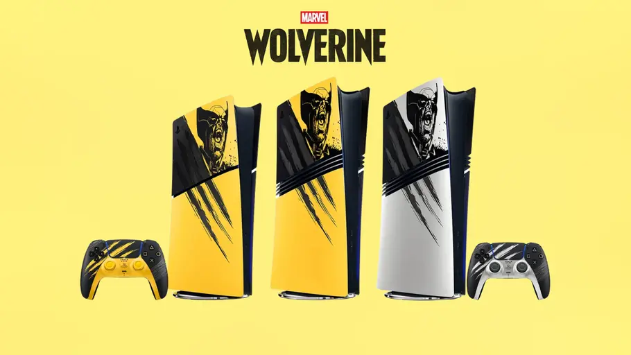 Aufmacherbild Wolverine PS5 Konsolen und Controller PS5 Konsolen und Controller im Wolverine-Design vor einem gelben Hintergrund und Wolverine-Schriftzug