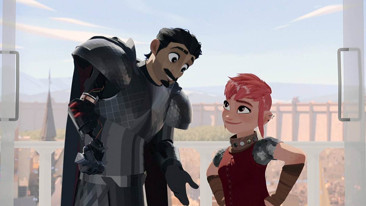 Gestaltwandlerin Nimona und Ritter Ballister lernen, sich gegenseitig zu akzeptieren. Szene aus Nimona mit Ballister und Nimona
