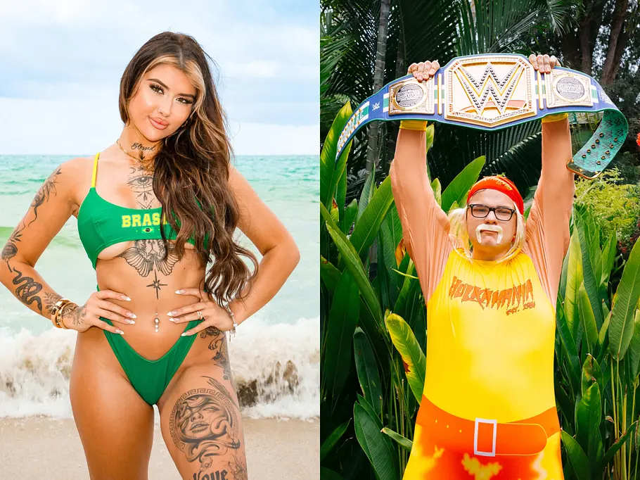 Wrestling-Nerd Patrick & Vanessa Grassl Links posiert Vanessa im grünen Bikini am Strand, rechts hält Patrick im Kostüm einen Wrestling-Gürtel über dem Kopf vor tropischen Pflanzen.