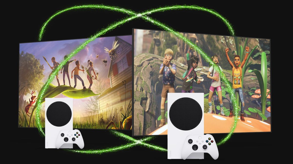 Genialer Xbox-Sale bei Amazon Zwei Xbox Spielekonsolen, die vor zwei Screens platziert sind und von zwei grünen Kreisen umgeben sind.