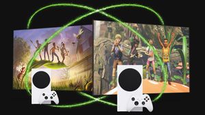 Zwei Xbox Spielekonsolen, die vor zwei Screens platziert sind und von zwei grünen Kreisen umgeben sind. - Foto: Xbox/PR