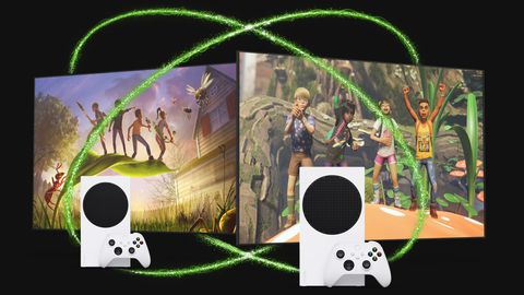 Zwei Xbox Spielekonsolen, die vor zwei Screens platziert sind und von zwei grünen Kreisen umgeben sind. - Foto: Xbox/PR