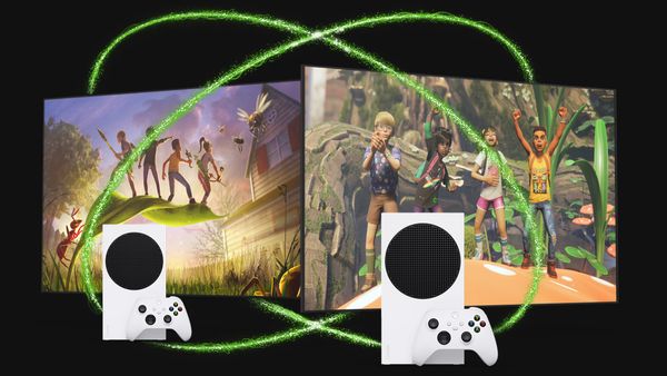 Zwei Xbox Spielekonsolen, die vor zwei Screens platziert sind und von zwei grünen Kreisen umgeben sind. - Foto: Xbox/PR