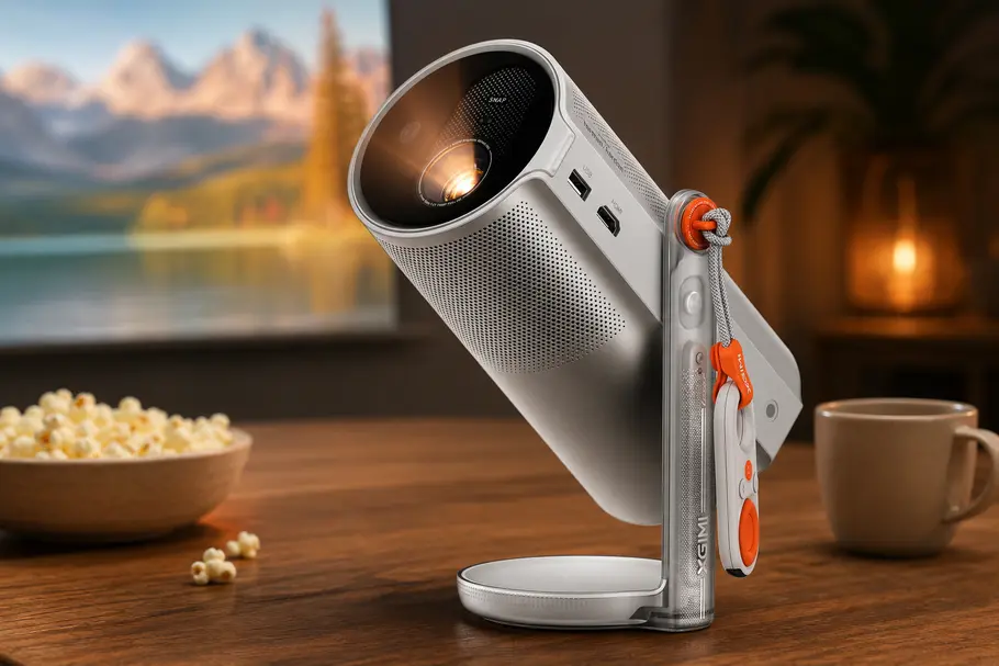 XGIMI MoGo 4 Laser Handy Beamer Ein XGIMI MoGo 4 Beamer steht auf einem Tisch und projiziert ein Bild. Im Hintergrund sind eine Leinwand mit Berglandschaft, eine Schale Popcorn und eine Tasse zu sehen.