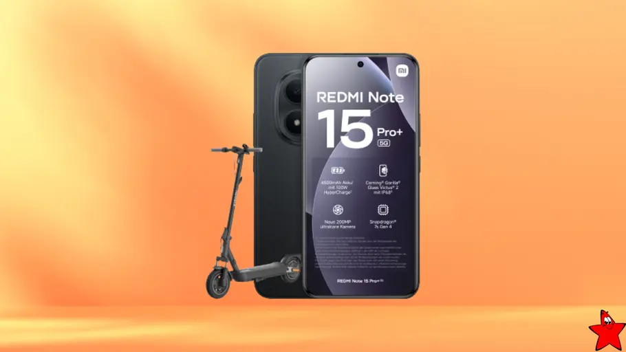 xiaomi-bundle-tvmovie-blau Xiaomi Redmi Note 15 Pro+ 5G Xiaomi Electric Scooter 5 Pro vor orangenen Hintergrund