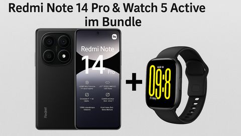 Das Xiaomi Redmi Note 14 Pro und die Redmi Watch 5 Active vor einem blauen Hintergrund - Foto: TVM/PR