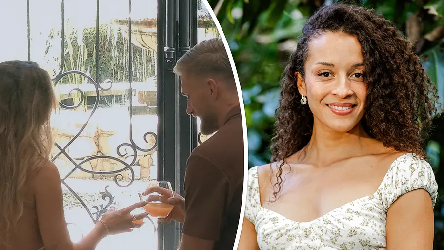 Die Bachelors-Yana über Nadja Collage zeigt Nadja und Bachelor Sebastian Paul von hinten beim Anstoßen, rechts Yana lächelnd in einem Blumenkleid.