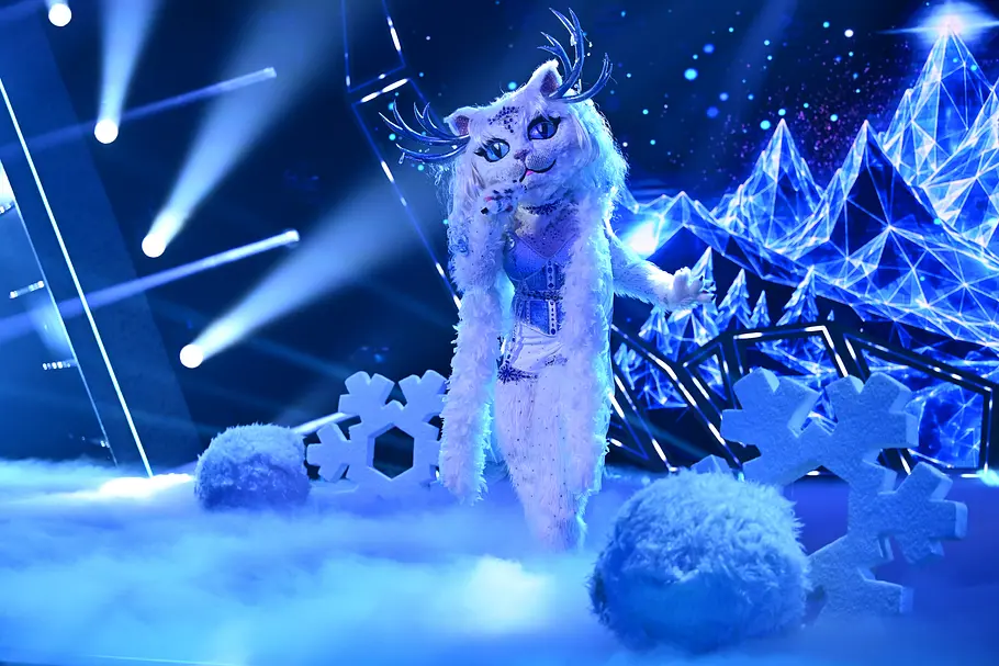 Zahlreiche Kristalle und ein eleganter, eisiger Look machen Yeti Cat zur glamourösen Schneekatze der aktuellen Staffel. Yeti Cat steht auf einer blau beleuchteten Bühne mit Nebel, Schneeflocken und Eiskulisse.