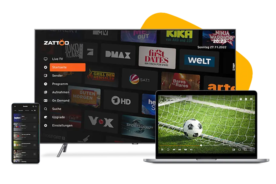 Zattoo-App dargestellt auf Smart-TV, Smartphone und Laptop
